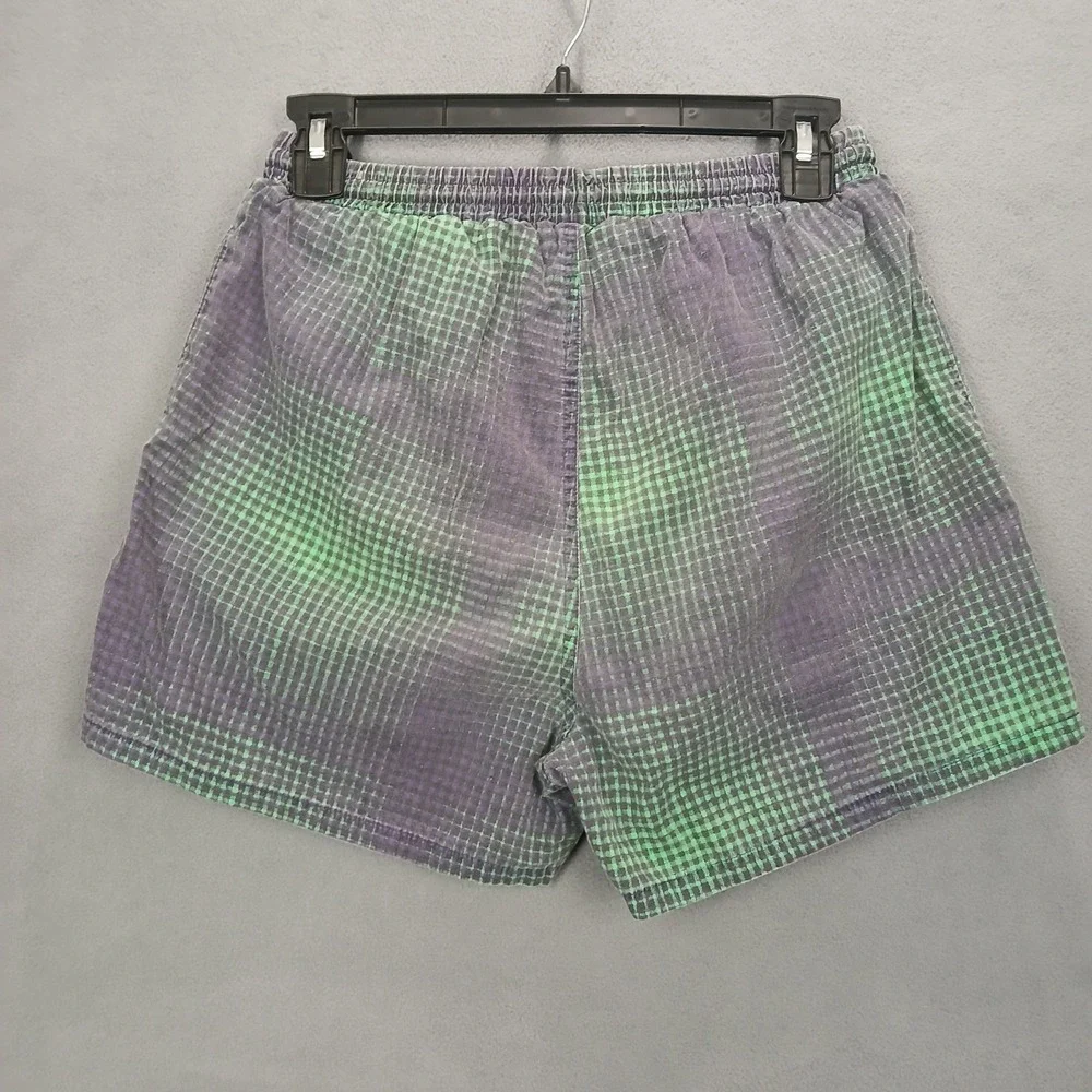 Retro Pacific Scene Swim Shorts Mens Small Green Purple Check Mesh Lined Beach